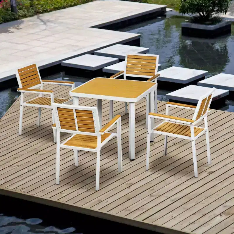 Outsunny 5-teiliges Tisch- und Stuhl-Set für draußen, Aluminium-Ess-Set für die Terrasse für 4 Personen mit HDPE-Materialien, Esstisch mit Sonnenschirmöffnung, gelb