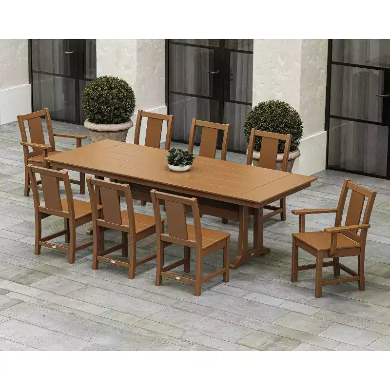 Conjunto de comedor para patio exterior de 9 piezas POLYWOOD Prairie, estilo casa de campo, con patas de caballete