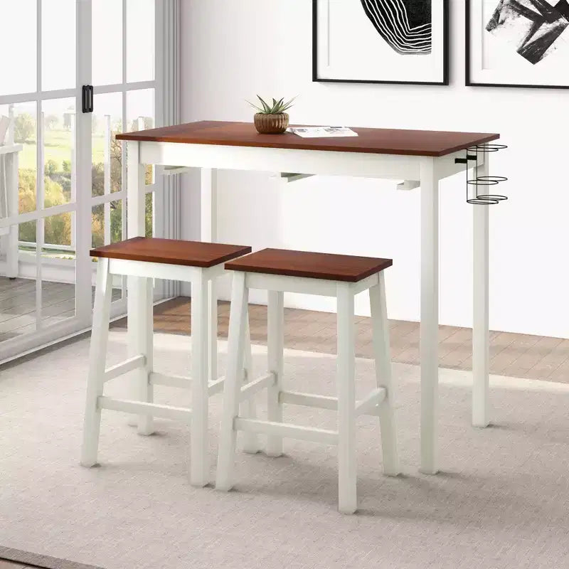 Juego de mesa de bar Costway de 3 piezas a la altura de barra, con 2 taburetes y 2 portabotellas de vino, blanco y nogal