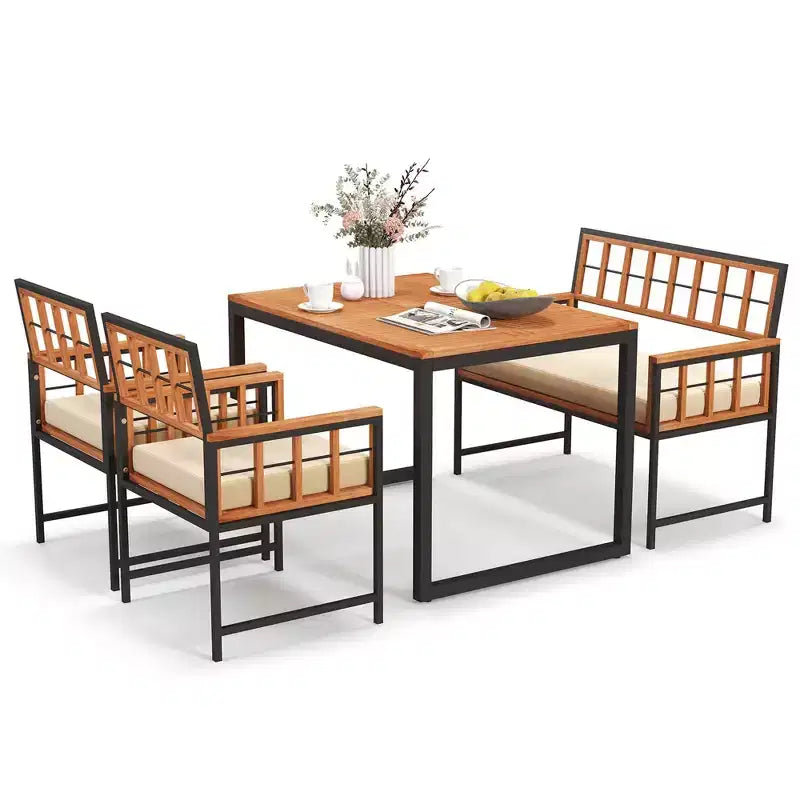 Costway 4-delige eetset voor de patio, houten tuinmeubelen met 2 stoelen en 1 loveseat