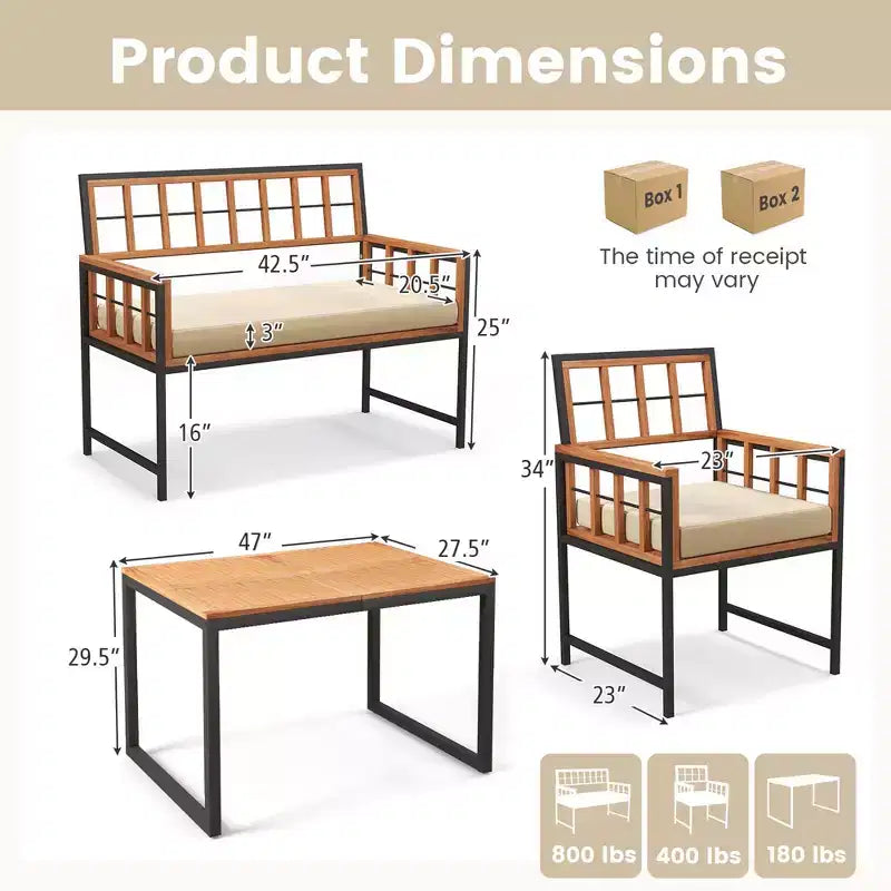 Costway 4-delige eetset voor de patio, houten tuinmeubelen met 2 stoelen en 1 loveseat