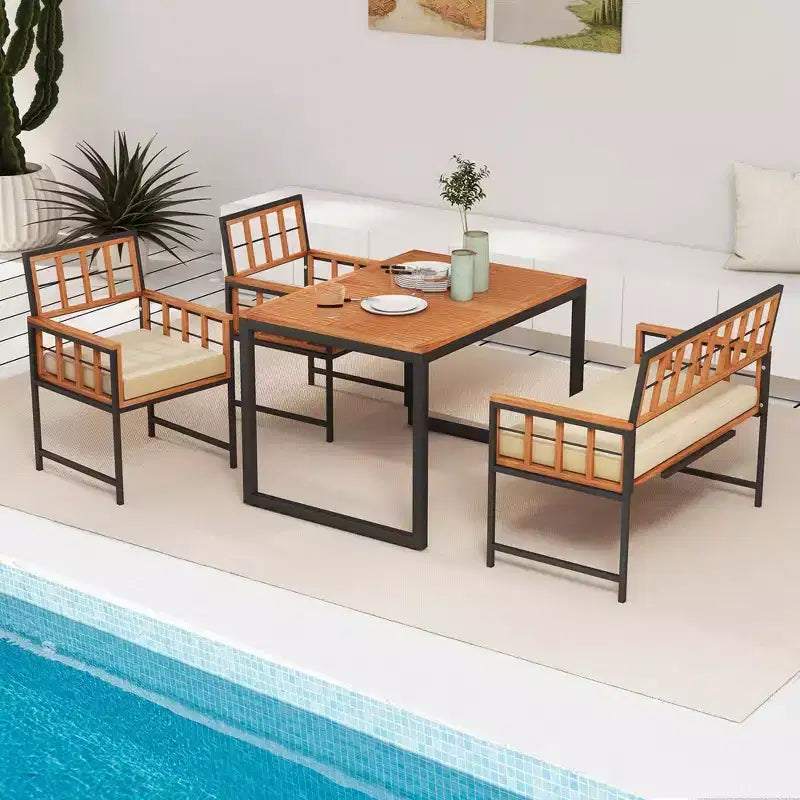 Costway 4-delige eetset voor de patio, houten tuinmeubelen met 2 stoelen en 1 loveseat