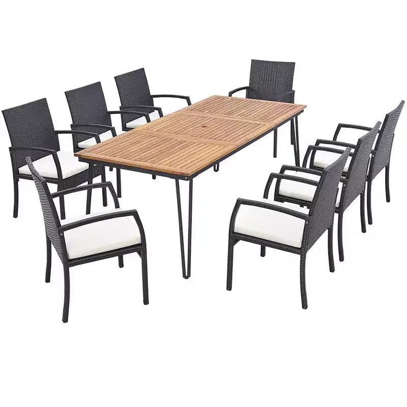 Costway 9-teiliges Rattan-Essgruppen-Set für die Terrasse mit Akazienholztisch, Polstern und 1,9-m-Sonnenschirmöffnung