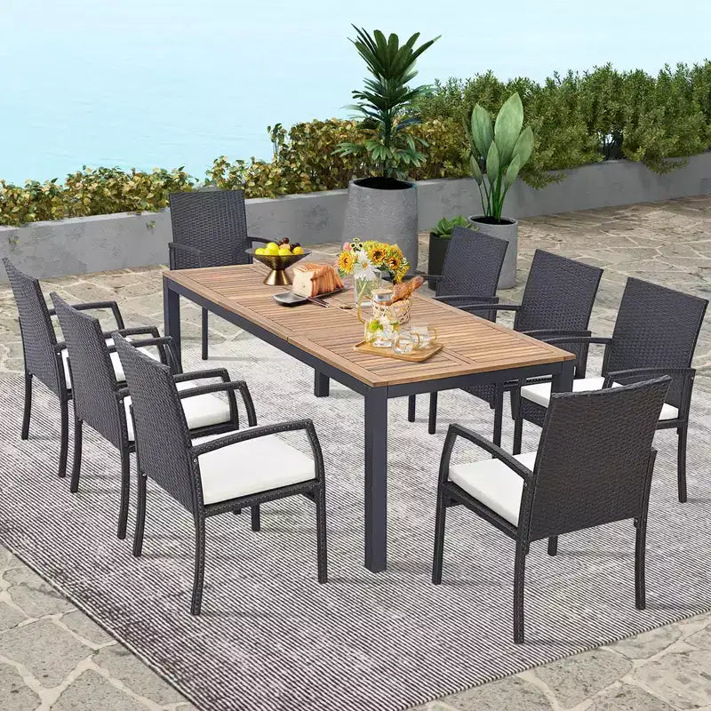 Costway 9-teiliges Rattan-Essgruppen-Set für die Terrasse mit Akazienholztisch, Polstern und 1,9-m-Sonnenschirmöffnung