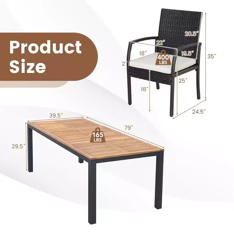 Costway 9-teiliges Rattan-Essgruppen-Set für die Terrasse mit Akazienholztisch, Polstern und 1,9-m-Sonnenschirmöffnung