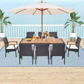 Costway 9 Pieces Patio Rattan Dining Set with Acacia Wood Table, 1.9 Umbrella Hole
