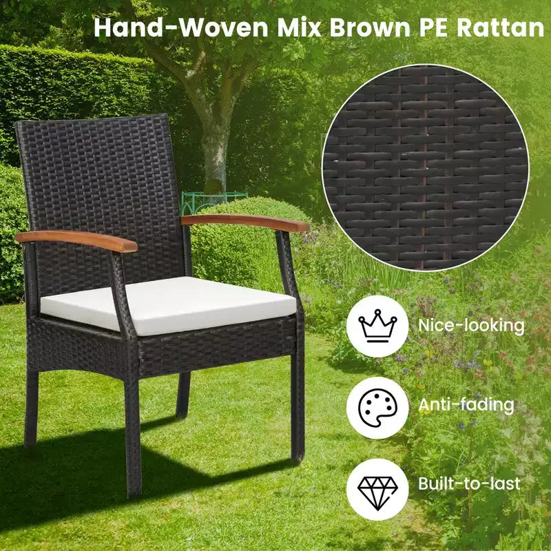Conjunto de comedor de ratán para patio de 9 piezas de Costway con mesa de madera de acacia, orificio para sombrilla de 1,9