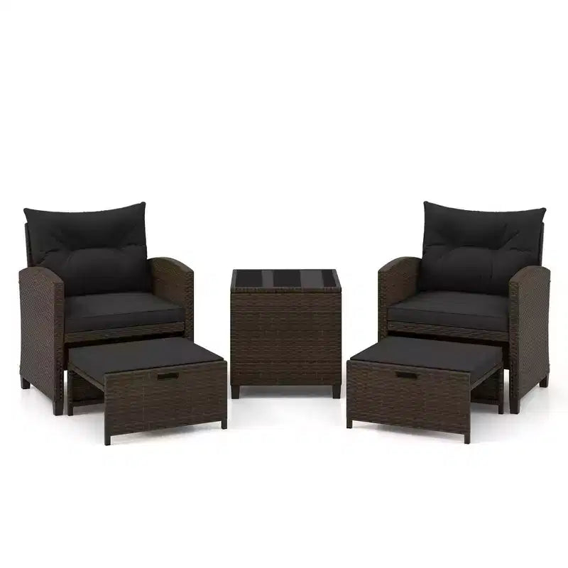 Costway 5 Piece Patio Rattan Furniture with 2 Ottomans & Tempered Glass Coffee Table Black/Off White/Navy/Red/Gray