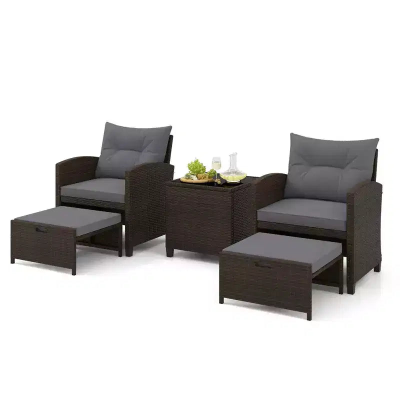 Costway 5 Piece Patio Rattan Furniture with 2 Ottomans & Tempered Glass Coffee Table Black/Off White/Navy/Red/Gray
