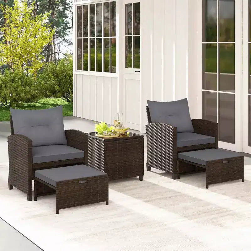 Costway 5 Piece Patio Rattan Furniture with 2 Ottomans & Tempered Glass Coffee Table Black/Off White/Navy/Red/Gray
