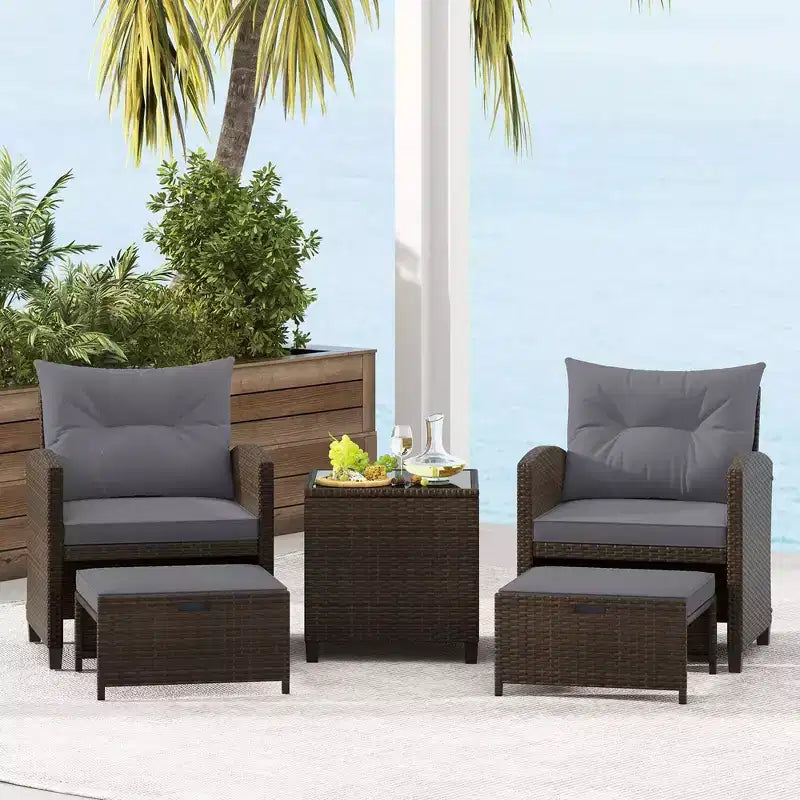 Costway 5 Piece Patio Rattan Furniture with 2 Ottomans & Tempered Glass Coffee Table Black/Off White/Navy/Red/Gray