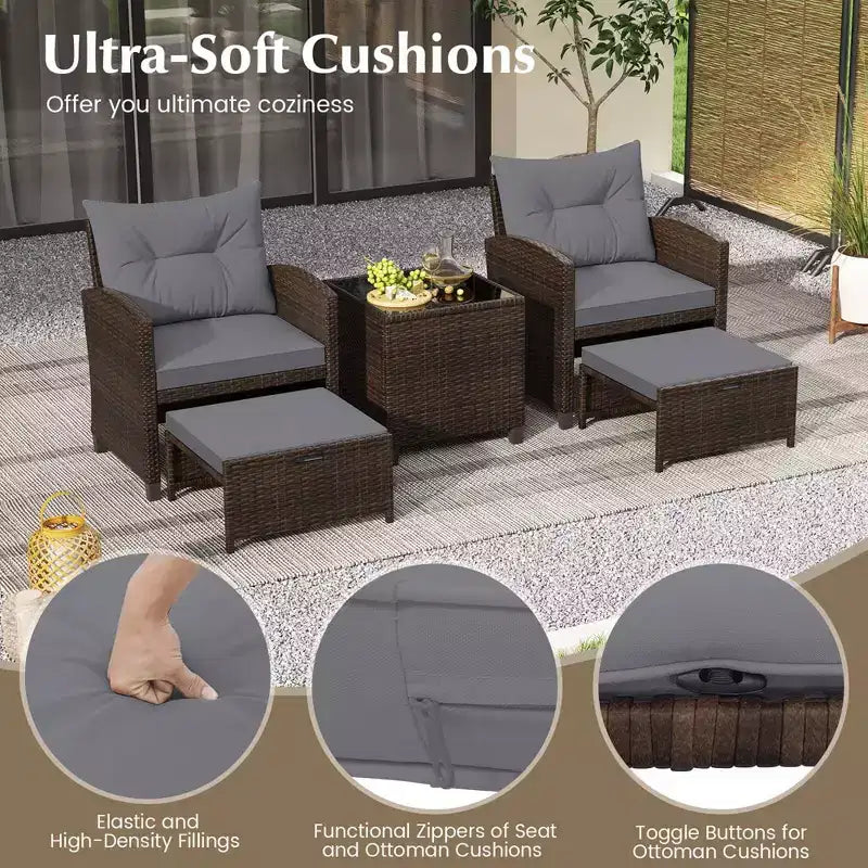 Costway 5 Piece Patio Rattan Furniture with 2 Ottomans & Tempered Glass Coffee Table Black/Off White/Navy/Red/Gray