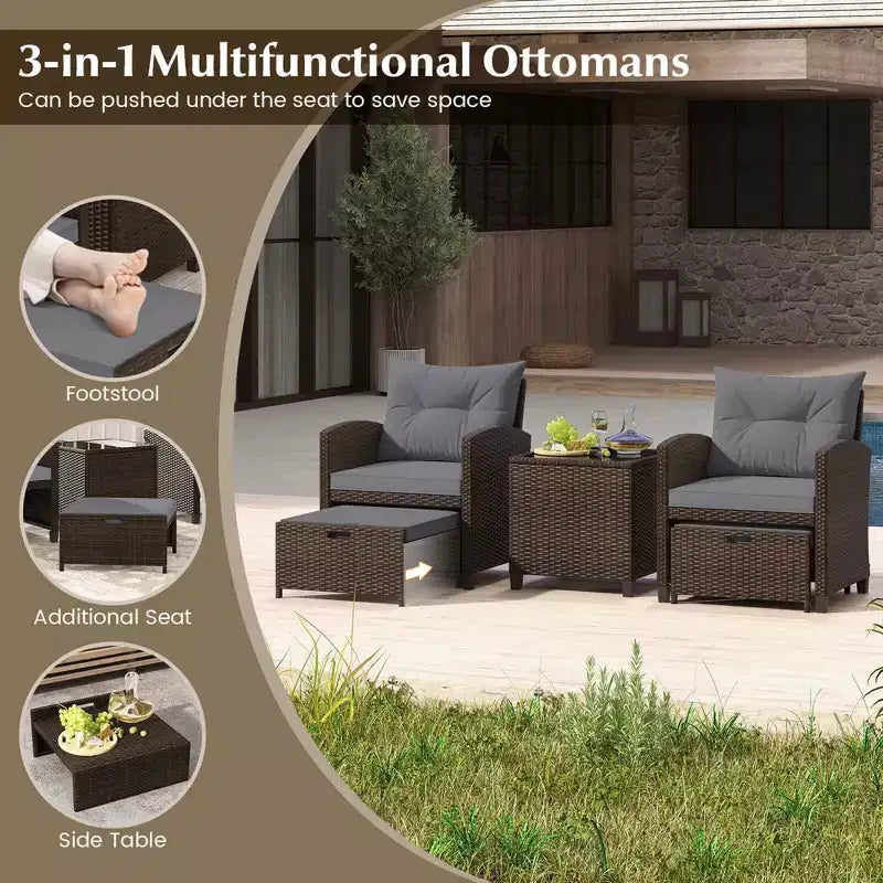 Costway 5 Piece Patio Rattan Furniture with 2 Ottomans & Tempered Glass Coffee Table Black/Off White/Navy/Red/Gray