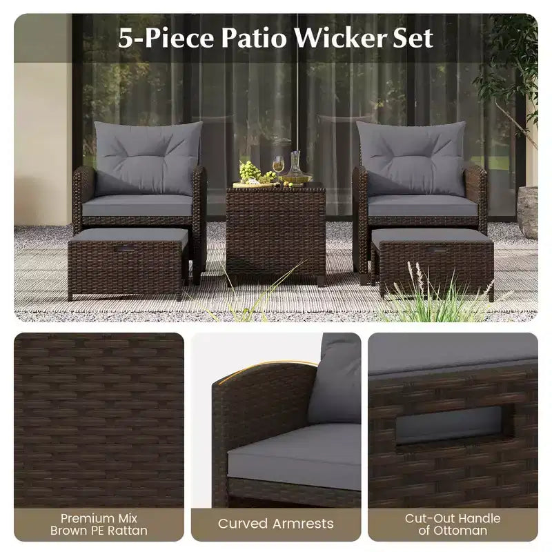 Costway 5 Piece Patio Rattan Furniture with 2 Ottomans & Tempered Glass Coffee Table Black/Off White/Navy/Red/Gray