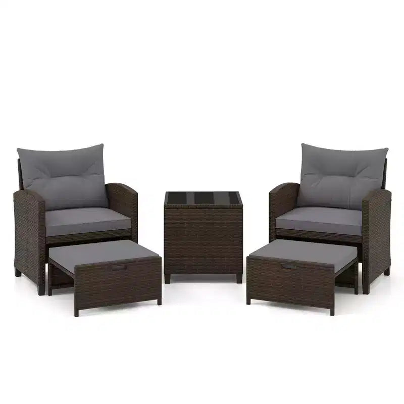 Costway 5 Piece Patio Rattan Furniture with 2 Ottomans & Tempered Glass Coffee Table Black/Off White/Navy/Red/Gray