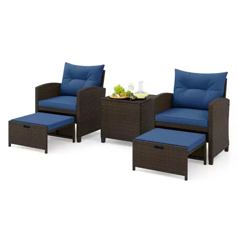 Costway 5 Piece Patio Rattan Furniture with 2 Ottomans & Tempered Glass Coffee Table Black/Off White/Navy/Red/Gray
