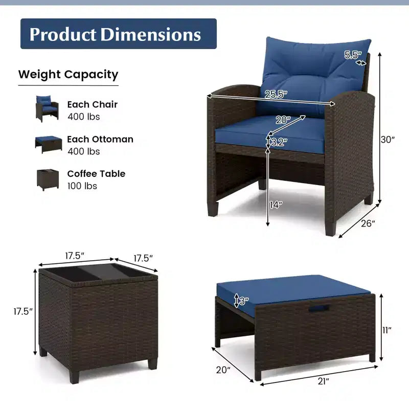 Costway 5 Piece Patio Rattan Furniture with 2 Ottomans & Tempered Glass Coffee Table Black/Off White/Navy/Red/Gray