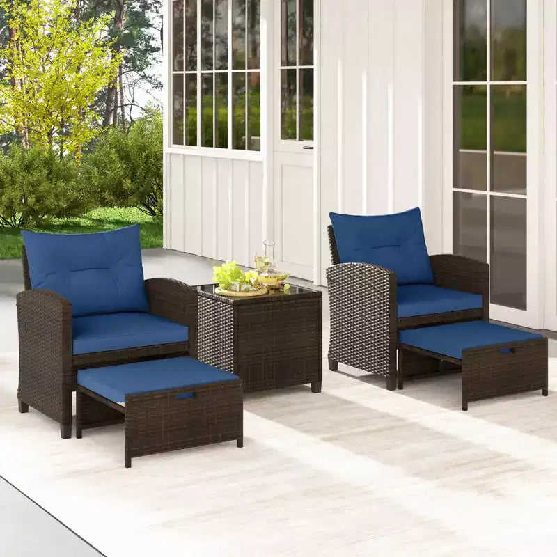Costway 5 Piece Patio Rattan Furniture with 2 Ottomans & Tempered Glass Coffee Table Black/Off White/Navy/Red/Gray