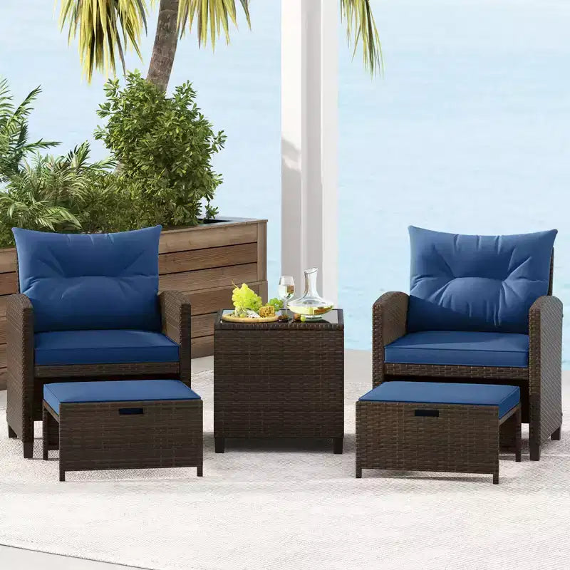 Costway 5 Piece Patio Rattan Furniture with 2 Ottomans & Tempered Glass Coffee Table Black/Off White/Navy/Red/Gray