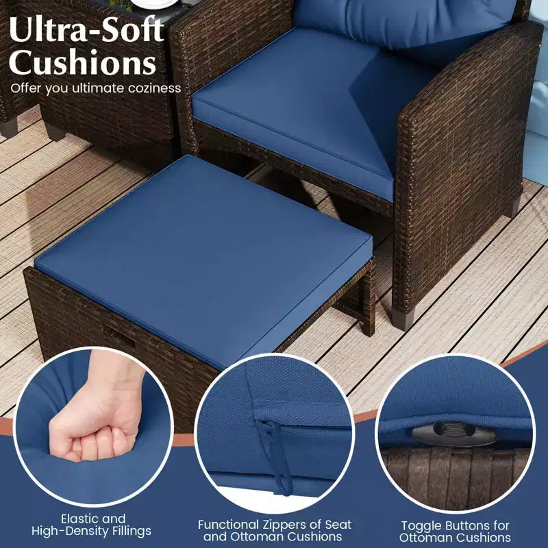 Costway 5 Piece Patio Rattan Furniture with 2 Ottomans & Tempered Glass Coffee Table Black/Off White/Navy/Red/Gray