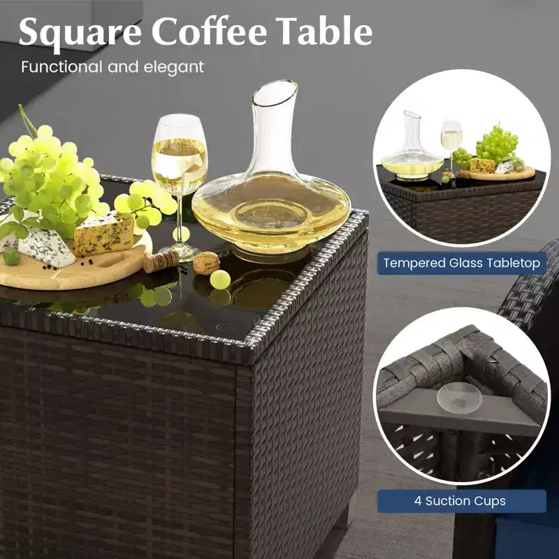 Costway 5 Piece Patio Rattan Furniture with 2 Ottomans & Tempered Glass Coffee Table Black/Off White/Navy/Red/Gray