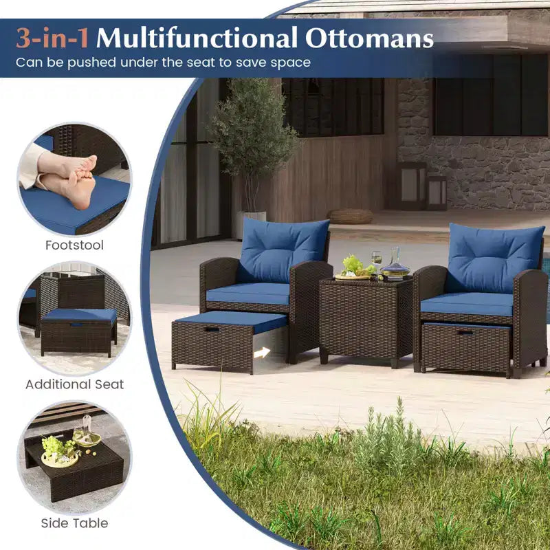Costway 5 Piece Patio Rattan Furniture with 2 Ottomans & Tempered Glass Coffee Table Black/Off White/Navy/Red/Gray