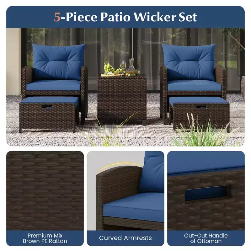 Costway 5 Piece Patio Rattan Furniture with 2 Ottomans & Tempered Glass Coffee Table Black/Off White/Navy/Red/Gray