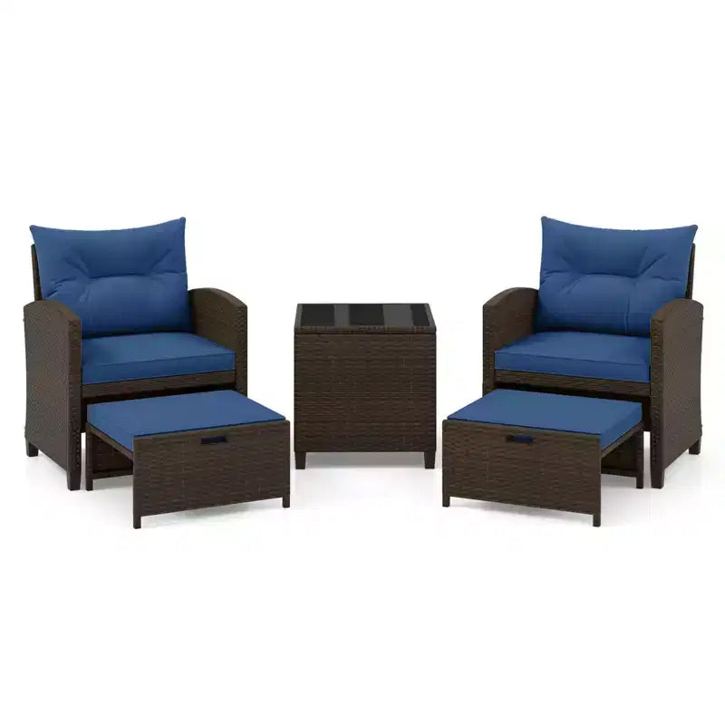 Costway 5 Piece Patio Rattan Furniture with 2 Ottomans & Tempered Glass Coffee Table Black/Off White/Navy/Red/Gray