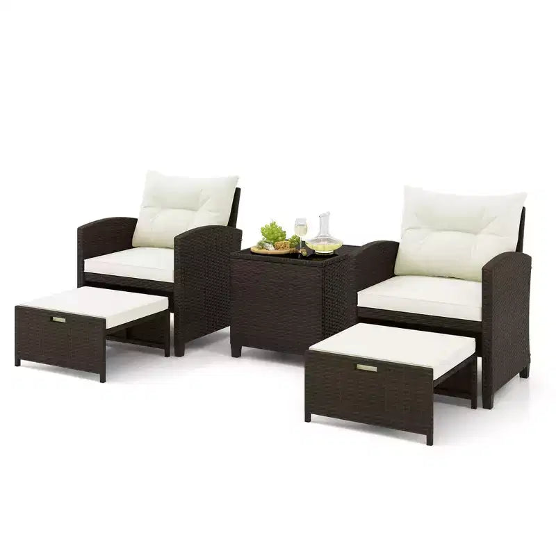 Costway 5 Piece Patio Rattan Furniture with 2 Ottomans & Tempered Glass Coffee Table Black/Off White/Navy/Red/Gray