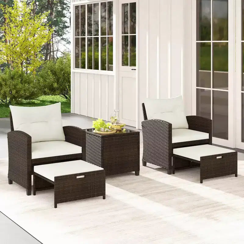 Costway 5 Piece Patio Rattan Furniture with 2 Ottomans & Tempered Glass Coffee Table Black/Off White/Navy/Red/Gray