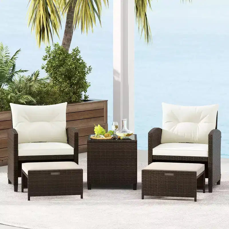 Costway 5 Piece Patio Rattan Furniture with 2 Ottomans & Tempered Glass Coffee Table Black/Off White/Navy/Red/Gray