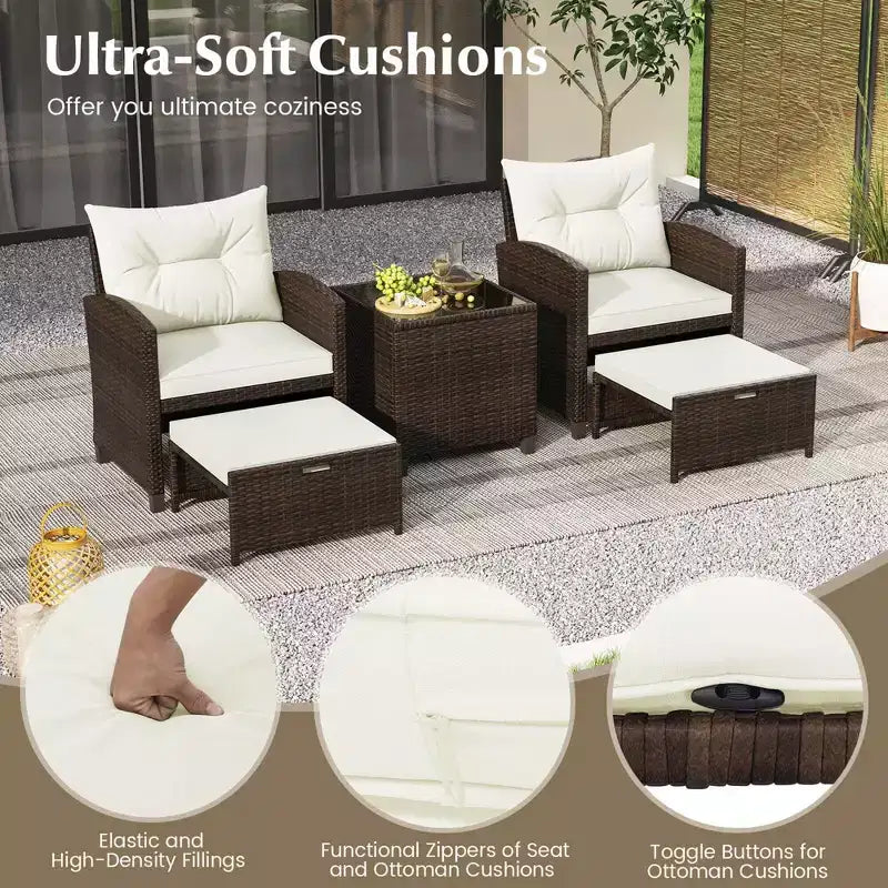 Costway 5 Piece Patio Rattan Furniture with 2 Ottomans & Tempered Glass Coffee Table Black/Off White/Navy/Red/Gray
