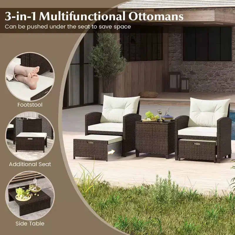 Costway 5 Piece Patio Rattan Furniture with 2 Ottomans & Tempered Glass Coffee Table Black/Off White/Navy/Red/Gray