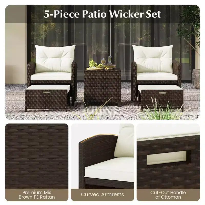 Costway 5 Piece Patio Rattan Furniture with 2 Ottomans & Tempered Glass Coffee Table Black/Off White/Navy/Red/Gray