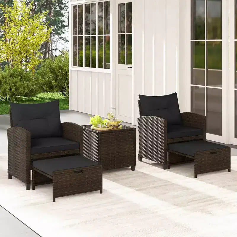 Costway 5 Piece Patio Rattan Furniture with 2 Ottomans & Tempered Glass Coffee Table Black/Off White/Navy/Red/Gray