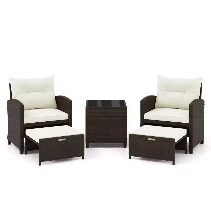 Costway 5 Piece Patio Rattan Furniture with 2 Ottomans & Tempered Glass Coffee Table Black/Off White/Navy/Red/Gray