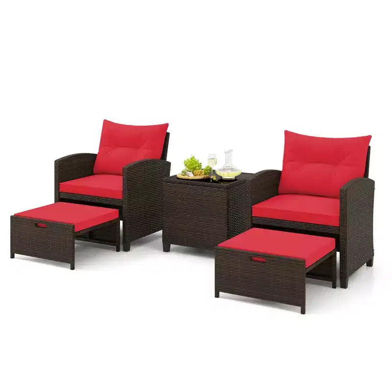 Costway 5 Piece Patio Rattan Furniture with 2 Ottomans & Tempered Glass Coffee Table Black/Off White/Navy/Red/Gray
