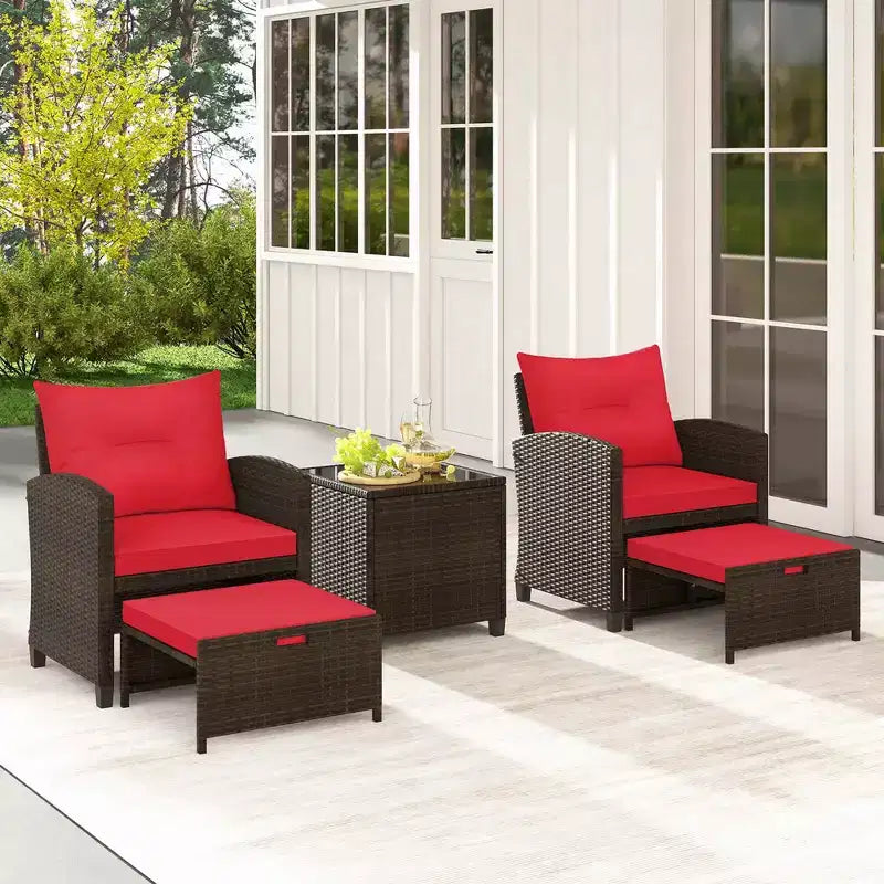 Costway 5 Piece Patio Rattan Furniture with 2 Ottomans & Tempered Glass Coffee Table Black/Off White/Navy/Red/Gray