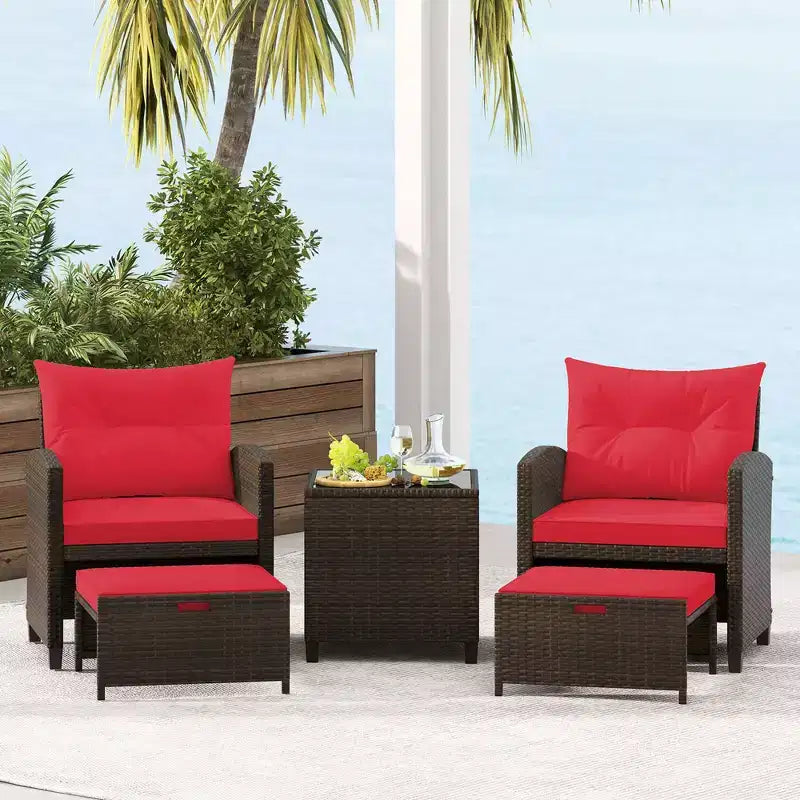 Costway 5 Piece Patio Rattan Furniture with 2 Ottomans & Tempered Glass Coffee Table Black/Off White/Navy/Red/Gray