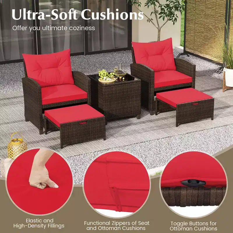 Costway 5 Piece Patio Rattan Furniture with 2 Ottomans & Tempered Glass Coffee Table Black/Off White/Navy/Red/Gray