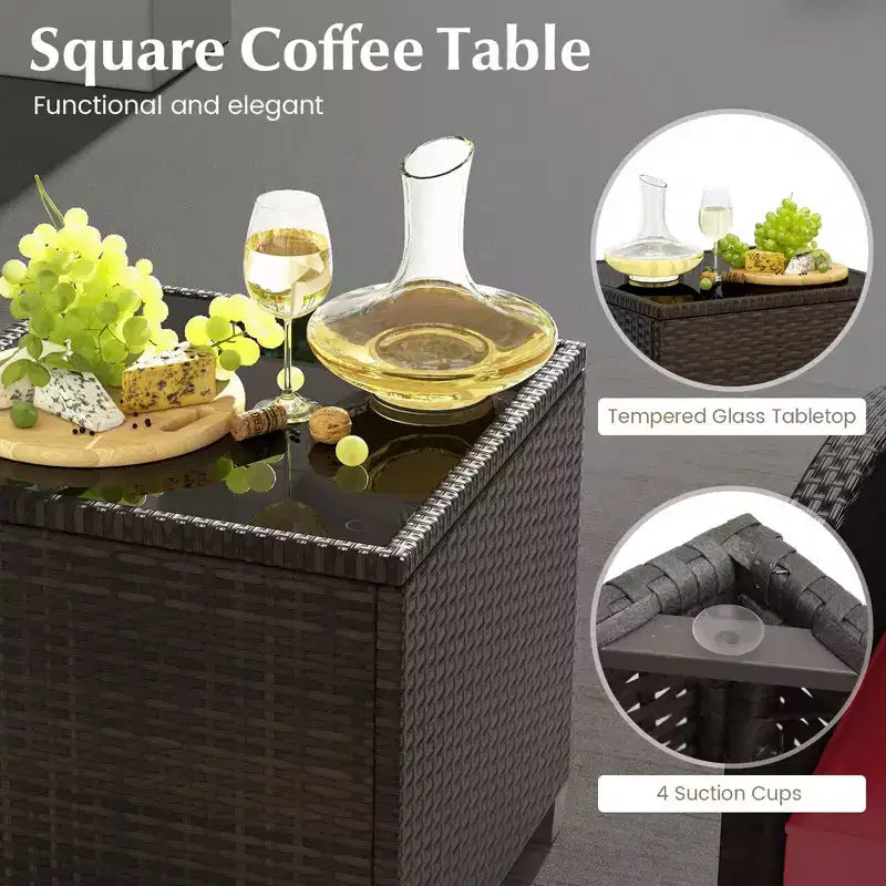Costway 5 Piece Patio Rattan Furniture with 2 Ottomans & Tempered Glass Coffee Table Black/Off White/Navy/Red/Gray