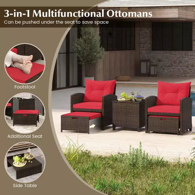 Costway 5 Piece Patio Rattan Furniture with 2 Ottomans & Tempered Glass Coffee Table Black/Off White/Navy/Red/Gray