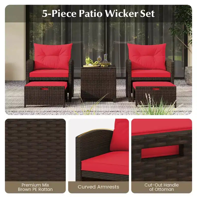 Costway 5 Piece Patio Rattan Furniture with 2 Ottomans & Tempered Glass Coffee Table Black/Off White/Navy/Red/Gray