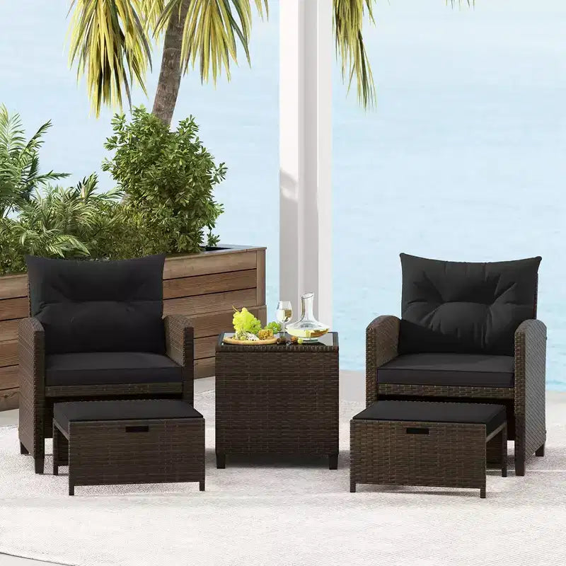 Costway 5 Piece Patio Rattan Furniture with 2 Ottomans & Tempered Glass Coffee Table Black/Off White/Navy/Red/Gray