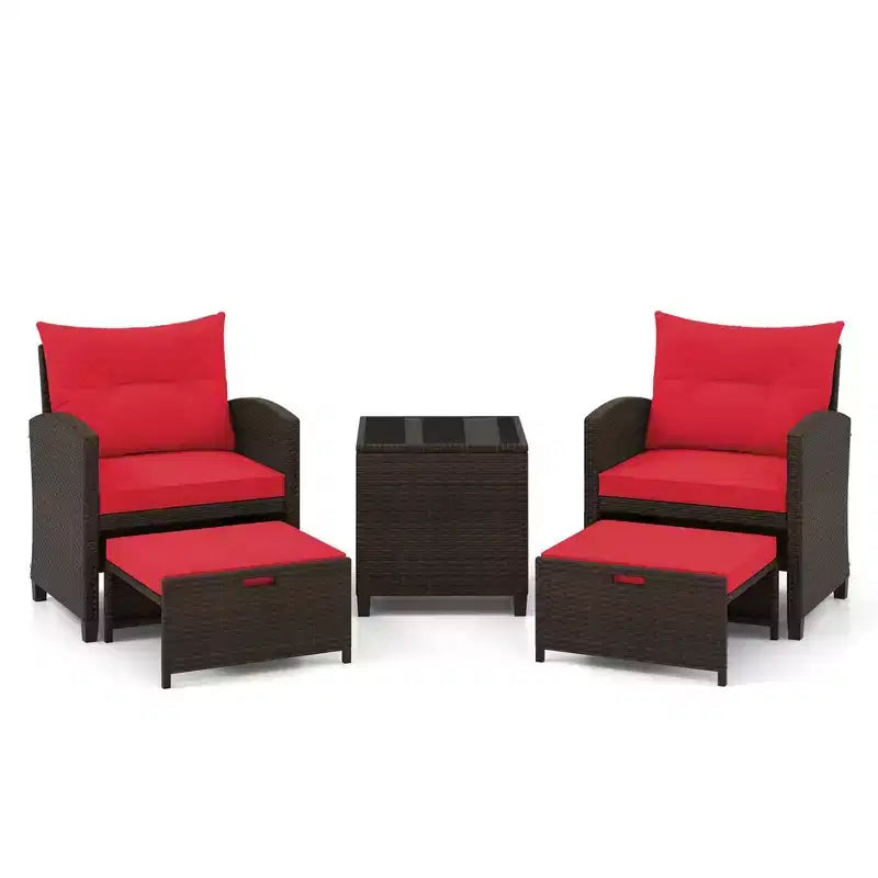 Costway 5 Piece Patio Rattan Furniture with 2 Ottomans & Tempered Glass Coffee Table Black/Off White/Navy/Red/Gray