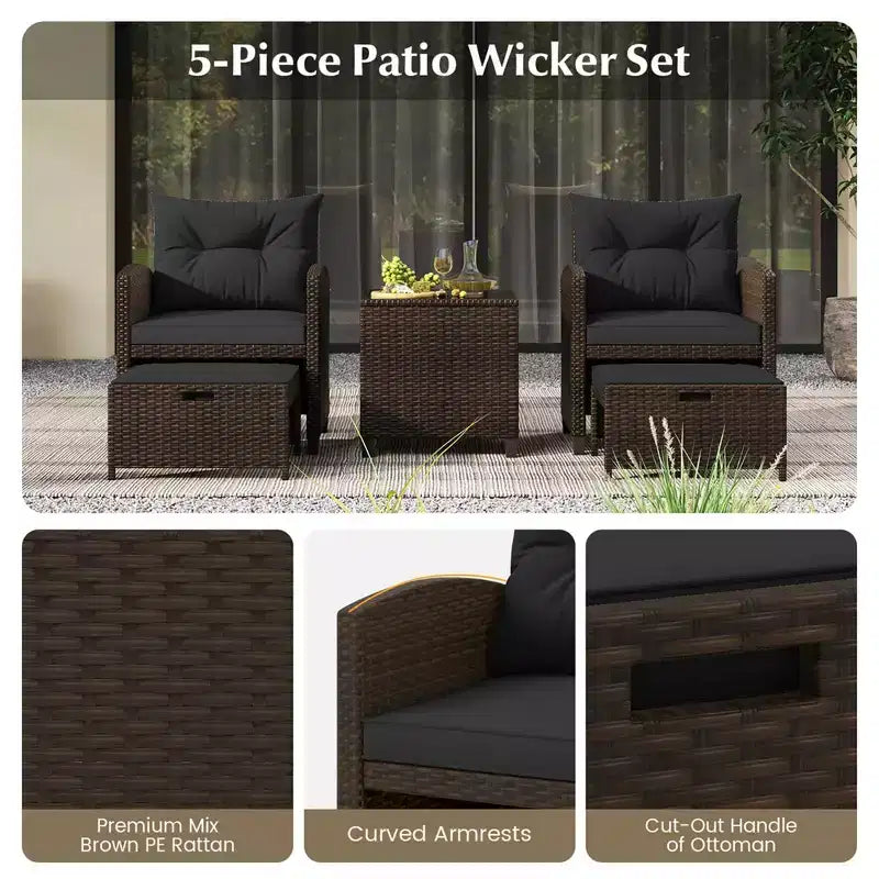 Costway 5 Piece Patio Rattan Furniture with 2 Ottomans & Tempered Glass Coffee Table Black/Off White/Navy/Red/Gray