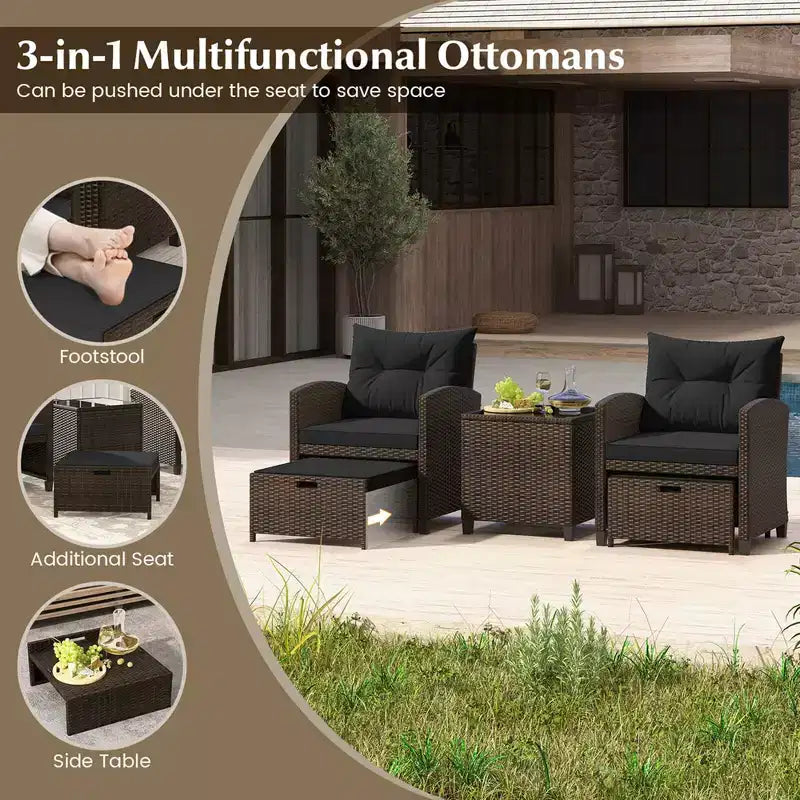 Costway 5 Piece Patio Rattan Furniture with 2 Ottomans & Tempered Glass Coffee Table Black/Off White/Navy/Red/Gray