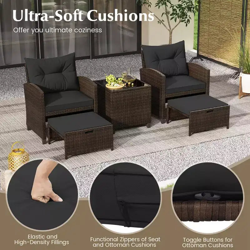 Costway 5 Piece Patio Rattan Furniture with 2 Ottomans & Tempered Glass Coffee Table Black/Off White/Navy/Red/Gray