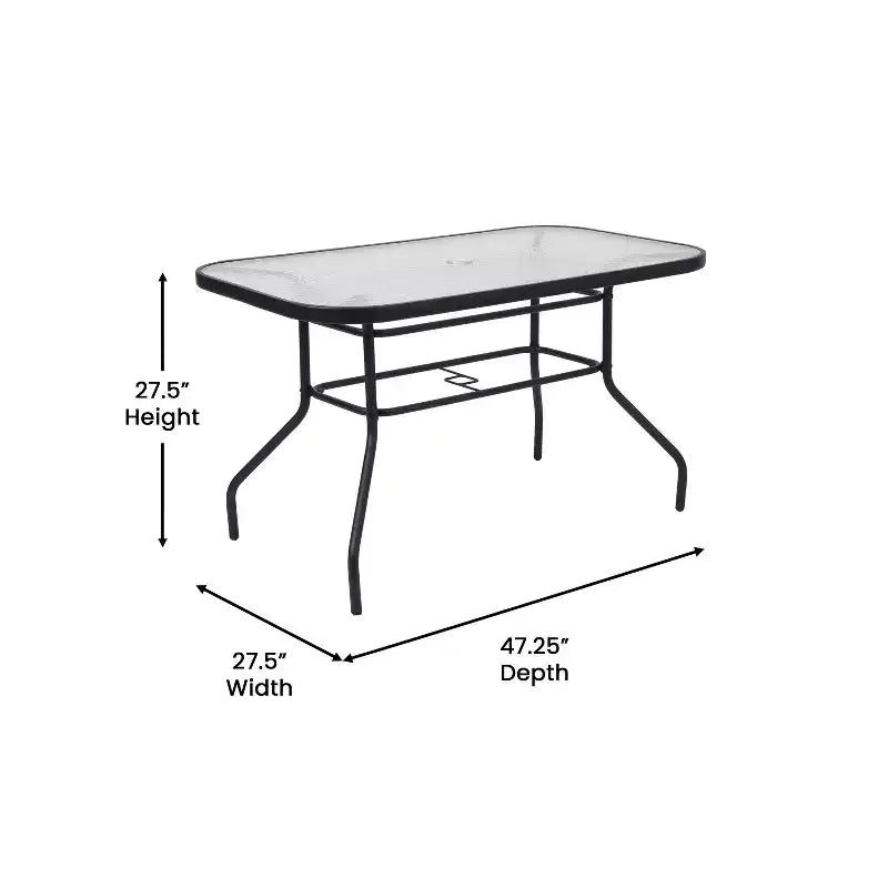 Emma and Oliver 5-teiliges Outdoor-Esstischset mit Terrassentisch und Tischplatte aus gehärtetem Glas sowie 4 stapelbaren Flex-Comfort-Stühlen aus Textilene
