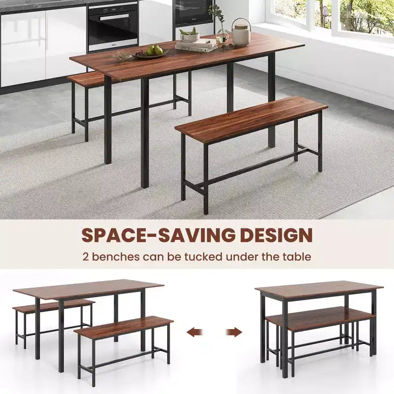 Costway 3 Piece Dining Table Set for 4-6 63Kitchen Table with 2 Benches Metal Frame Black/Walnut